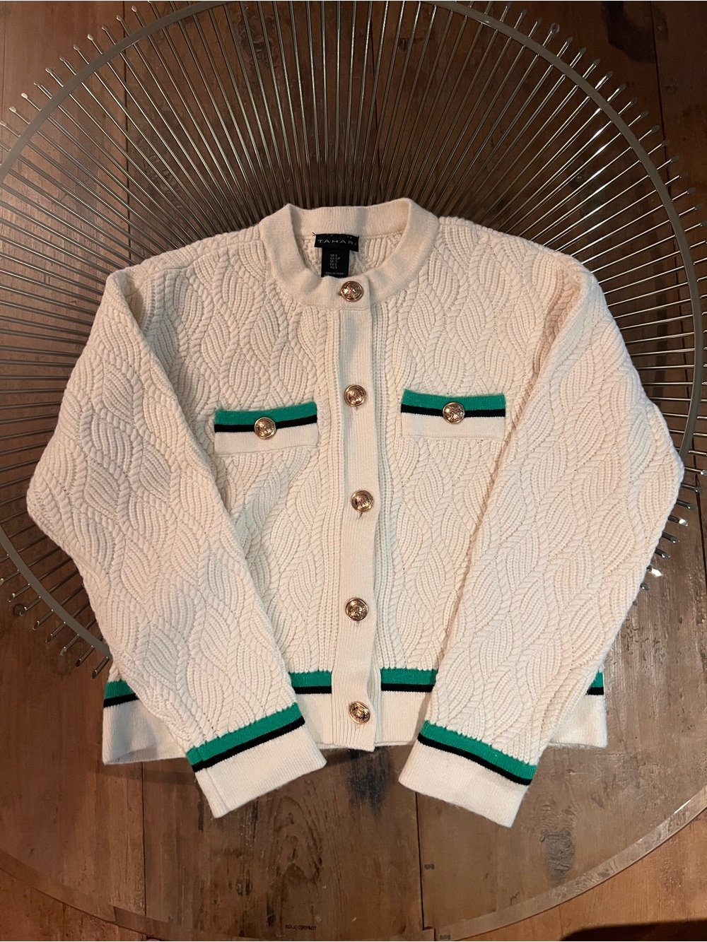 Tahari Cream Knit Cardigan with Green & Black Trim
